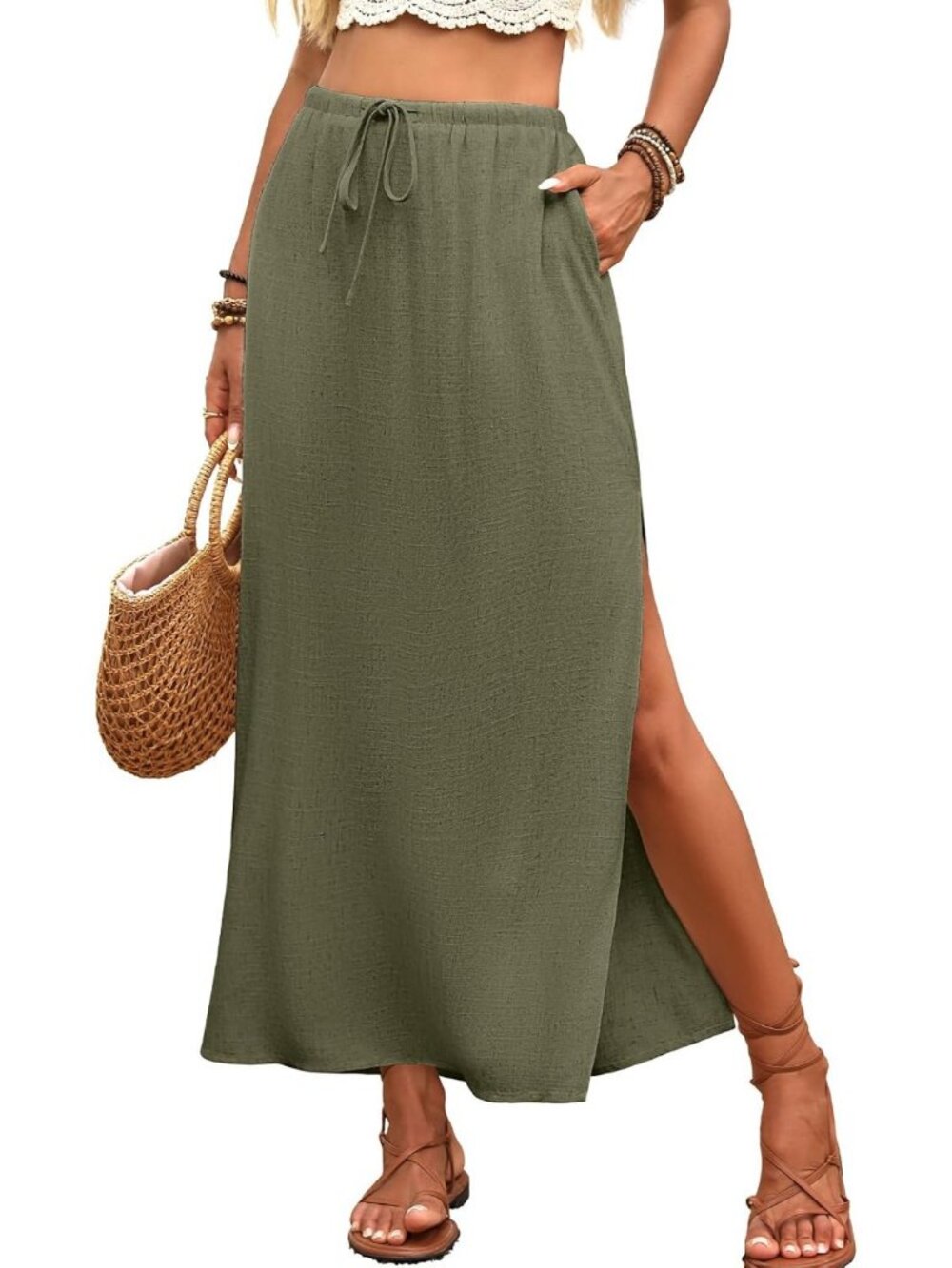 Flowy Linen Maxi Skirt with Side Slit & Pockets - Long Summer Skirt for Women